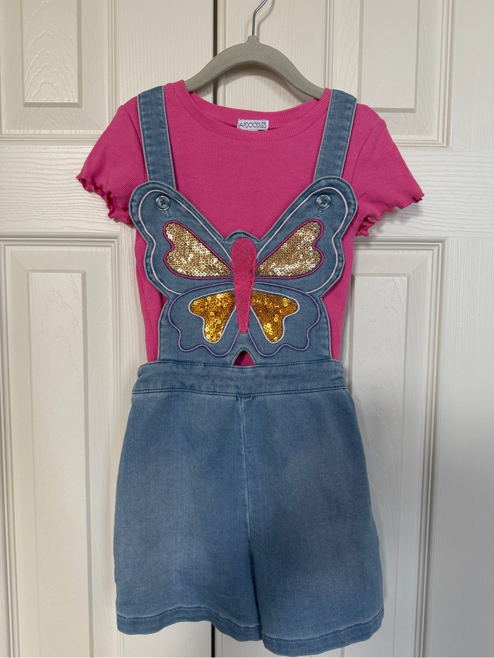Flapdoodles Girls' Pink Knit Top and Butterfly Overalls - 6X